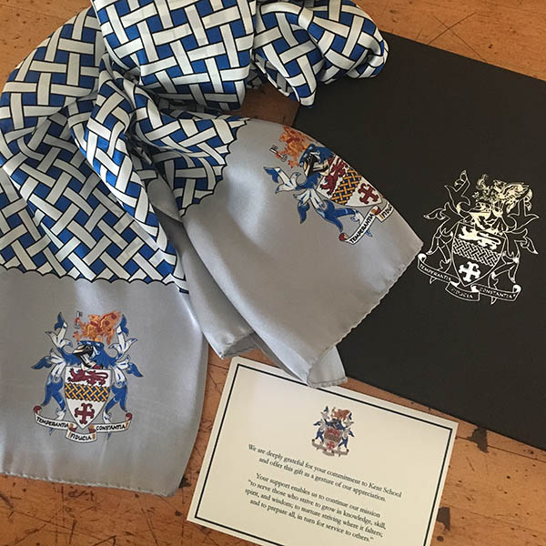 Kent School silk scarf presented in a foil-embossed Harris Made gift box