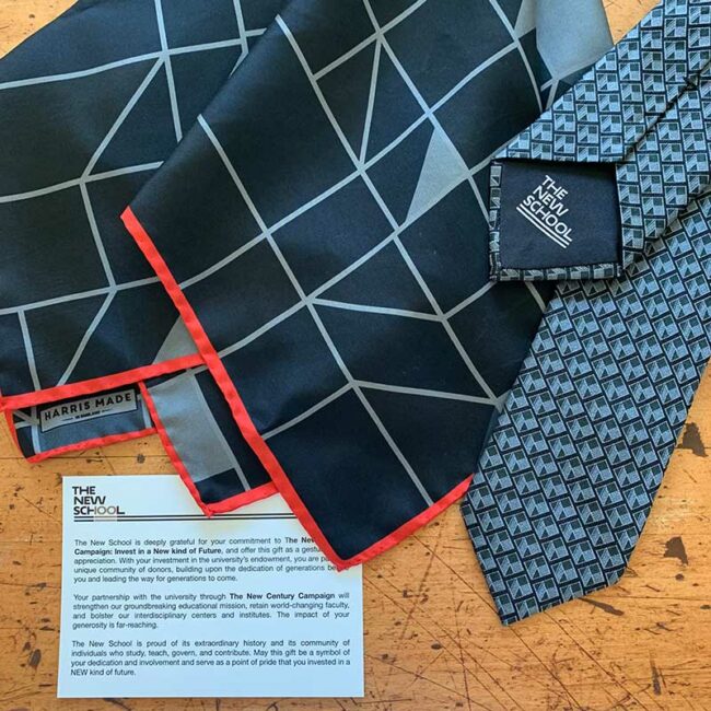 The New School silk scarf and tie