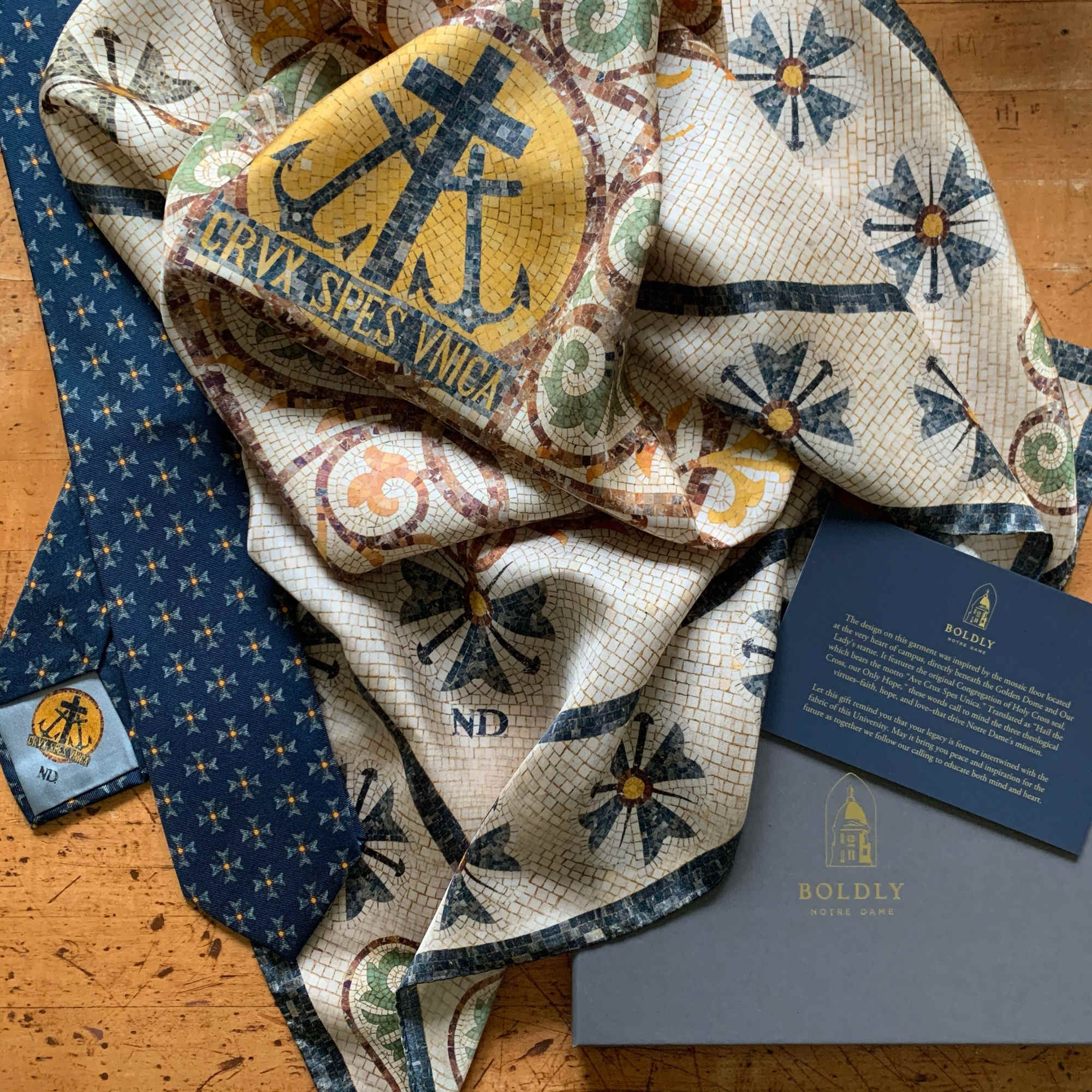 University of Notre Dame bespoke silk scarf and tie in a Harris Made presentation box